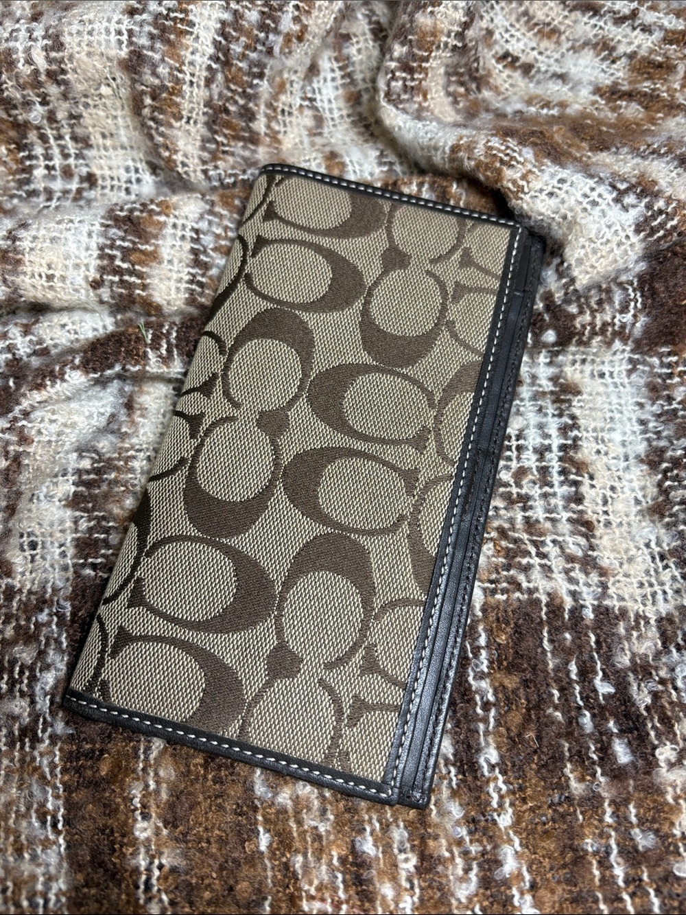 Coach Brown and Khaki Signature C Canvas Checkbook Wallet 6.75x3.75in